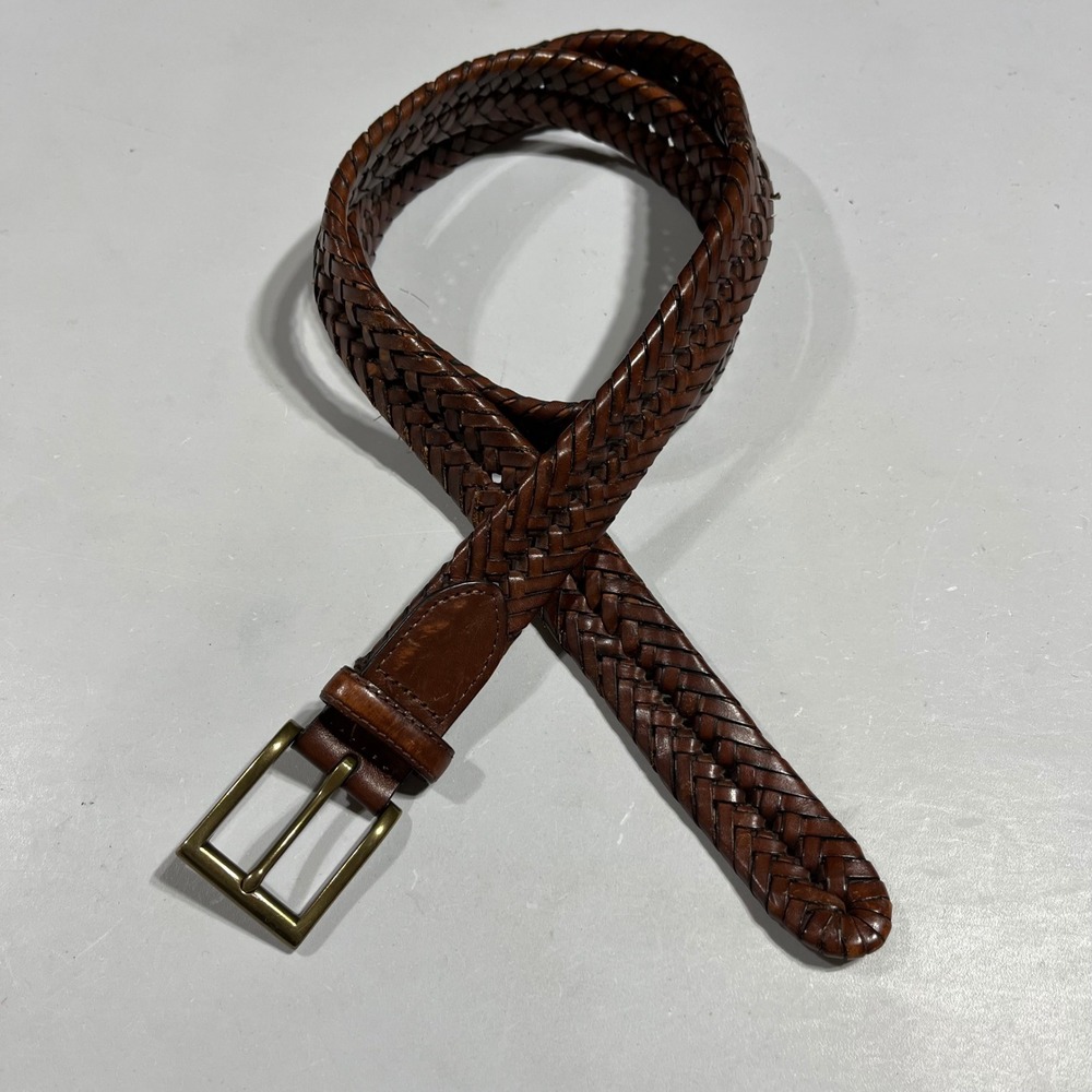 Lands End Quiet Luxury Preppy Brown Braided Leather Belt Mens 40 Brass Buckle